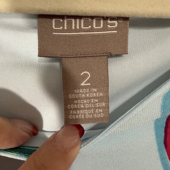 Chico’s IONA V-Neck Slinky Knit Dress Size 2/L SEAWAY BLUE Floral Cap Sleeve NEW - Picture 6 of 10